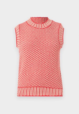 Κόκκινο και κρεμ πλεκτό αμάνικο τοπ με ψηλό λαιμό, που διαθέτει υφασμάτινο μοτίβο και ριμπ γαζιά στη γραμμή του λαιμού και στο τελείωμα.