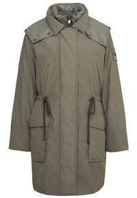 Olivgrön parkasjacka med dragkedja fram, fickor med knappförsedda klaffar, justerbar dragsko i midjan och avtagbar vadderad kragepanel.