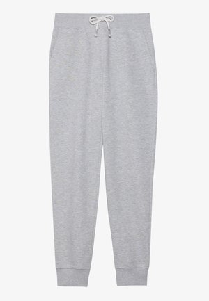 Grijze sweatpants van zacht materiaal, met een elastische tailleband met een trekkoord, zijzakken en geribbelde manchetten bij de enkels.