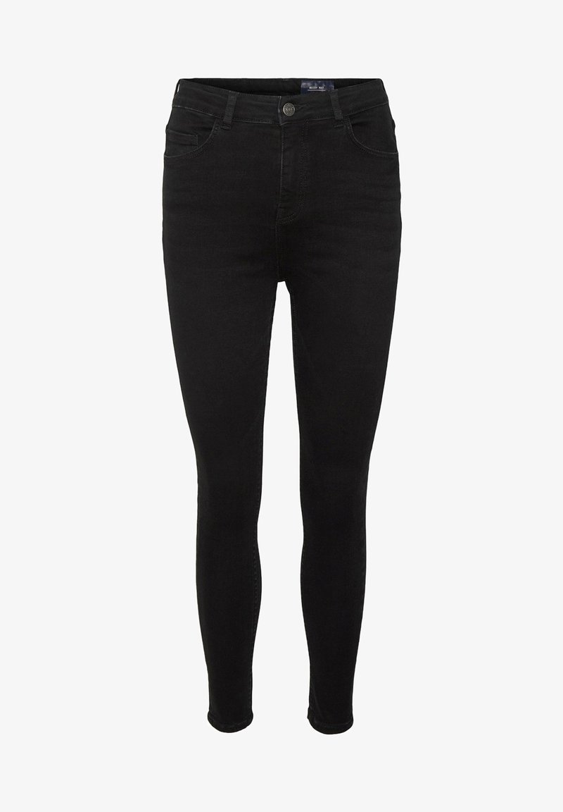 Črne skinny kavbojke iz denima. Imajo visok pas, pet žepov ter sprednje zapiranje na gumb in zadrgo. Gladke teksture.