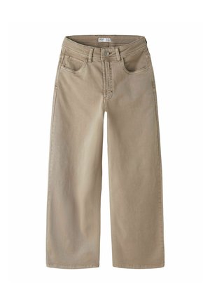 Pantalon beige taille haute à jambe droite avec fermeture à boutons devant et passants de ceinture, présenté à plat sur fond blanc.