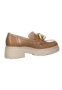 Tan leather shoe with a round toe, chunky cream sole, and decorative gold chain on the front. Smooth texture with stitch detailing.