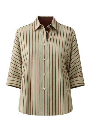 Camisa abotonada con rayas verticales marrones y beige, mangas tres cuartos y cuello clásico.