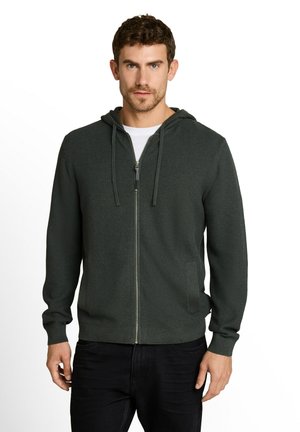 Mann mit kurzen lockigen Haaren, der einen dunkelgrünen Kapuzenpullover mit Reißverschluss über einem weißen Hemd und schwarzen Hosen trägt, steht vor weißem Hintergrund.