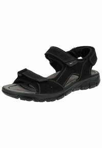 Schwarze Sandale mit verstellbaren Riemen, ausgestattet mit einer gepolsterten Innensohle und einer strukturierten Gummisohle. Hergestellt aus synthetischem Material mit verstärkten Nähten.