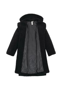 Svart, texturerad, överdimensionerad kappa med huva, med ett mjukt yttertyg och ett slätt, mönstrat innerfoder.