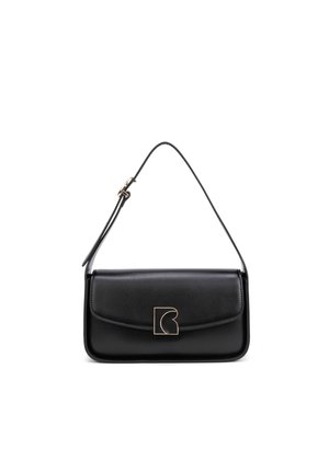 Borsa a spalla in pelle nera, di forma rettangolare, con finitura lucida, chiusura a patta e dettagli del logo in tonalità oro sulla parte anteriore. Cintura regolabile.