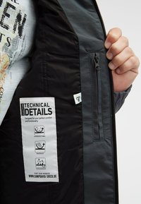 Szara podszewka kurtki z kieszenią na zamek. Techniczna etykieta zawiera ikony wodoodporności i wiatroszczelności oraz instrukcje prania. Miękka tekstura materiału.