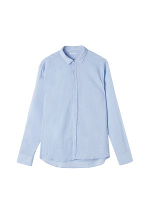 Jasnoniebieska, długosleeve koszula zapinana na guziki z klasycznym kołnierzykiem, miękką teksturą i zaokrąglonym dołem z detalami guzików z przodu.