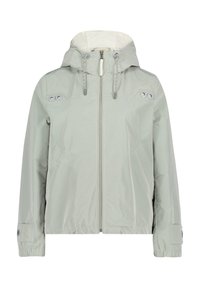 Veste imperméable gris clair avec capuche, fermeture éclair frontale, poches latérales et accents décoratifs en œillets sur les épaules et les manches.