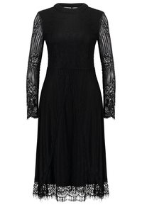 Černé krajkové šaty s dlouhými rukávy, texturovaná látka, vysoký výstřih a lem s vlnkovým zakončením, který obsahuje složité vzory a plynulou siluetu.