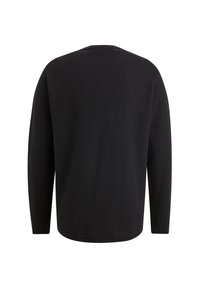 Schwarzer Pullover mit langen Ärmeln, Rundhalsausschnitt, weiche Textur, gerippte Strickmuster, lockere Passform, keine sichtbaren Logos oder Akzente, glatte Saumlinie.