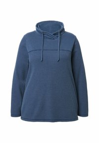 Pullover in pile blu con collo a barchetta e cordino. Presenta un corpo testurizzato, maniche lunghe e un pannello superiore liscio di colore contrastante.