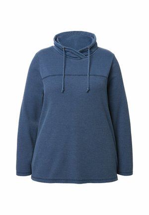 Pullover in pile blu con collo a barchetta e cordino. Presenta un corpo testurizzato, maniche lunghe e un pannello superiore liscio di colore contrastante.