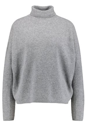 Pull à col roulé gris clair en maille avec manches longues et coupe décontractée.