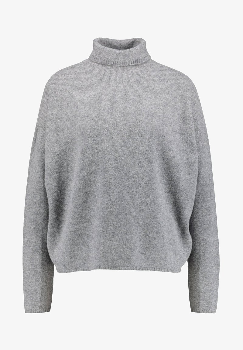 Pull à col roulé gris clair en maille avec manches longues et coupe décontractée.