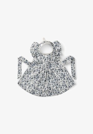 Kukkakuosiset mekko valkoisena ja laivastonsinisenä, jossa on röyhelöiset hihnat, pyöreä kaula-aukko ja solmimisnauhat vyötäröllä säädettävää istuvuutta varten.