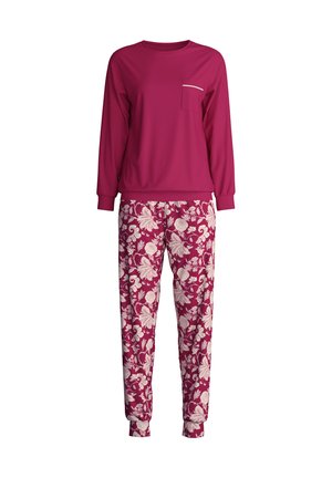 Langarm magenta top met een voorkeurszak, gecombineerd met joggers met een bloemenmotief in tinten van magenta en crème. Relaxte pasvorm met elastische manchetten.