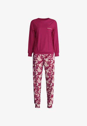 Long-sleeve magenta top with a front pocket, paired with floral-patterned joggers in shades of magenta and cream. Relaxed fit with elastic cuffs.