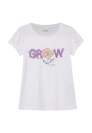 Weißes Mädchen-T-Shirt mit kurzen Ärmeln, violetten Paillettenbuchstaben "GROW" und einem floralen Design, das den Buchstaben "O" mit grünem Stiel und Blättern bildet.