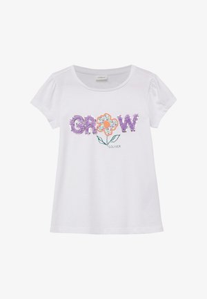 Wit meisjes T-shirt met korte mouwen met paarse paillettenletters "GROW" en een bloemenontwerp dat de letter "O" vormt met een groene steel en bladeren.