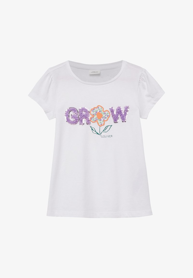 T-shirt blanc à manches courtes pour filles avec des lettres "GROW" en paillettes violettes et un design floral formant la lettre "O" avec une tige verte et des feuilles.