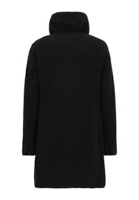 Zwarte wollen mix jas met hoge kraag, lange mouwen en een relaxed fit. Geweven oppervlak in een effen kleur zonder extra versieringen.