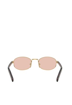 Occhiali da sole rettangolari con montatura dorata, lenti rosa e aste scure in tartaruga, mostrati frontalmente su sfondo bianco.