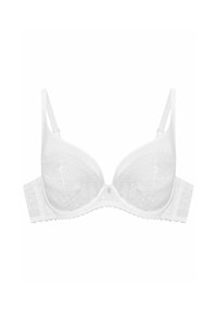 Biała koronkowa biustonosz z wyściełanymi miseczkami, regulowanymi ramiączkami i delikatnymi falbaniastymi krawędziami. Posiada centralny element ozdobny oraz bezszwowy design.
