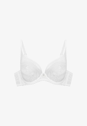 White lace bra with padded cups, adjustable straps, and delicate scalloped edges. Features a central decorative element and a seamless design.