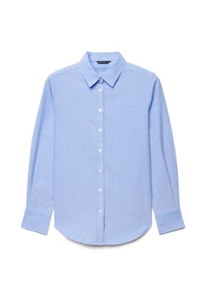 Chemise bleu clair à manches longues, boutonnée, avec col et poignets, présentée à plat sur un fond blanc.