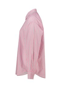 Pink striped shirt featuring vertical lines in green and white, with a button-down collar and long sleeves. Slightly oversized fit.