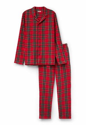 Pánská pyžamová souprava s kostkovaným vzorem v červené a černé barvě, která obsahuje dlouhý rukáv s knoflíky a odpovídající kalhoty s elastickým pasem. Měkká textilie.