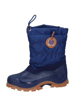 Blue waterproof boot with a quilted nylon upper and rubber sole. Features a circular logo patch and a pull loop for easy wear.