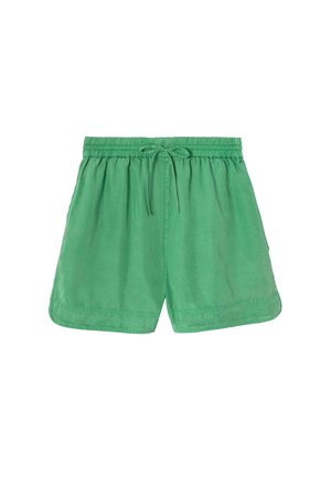 Shorts décontractés verts avec taille élastique et cordon de serrage, coupe ample et détails de couture simples, présentés sur fond blanc.