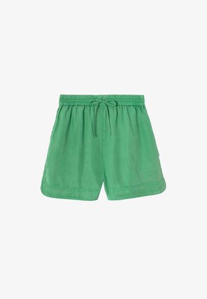Shorts décontractés verts avec taille élastique et cordon de serrage, coupe ample et détails de couture simples, présentés sur fond blanc.