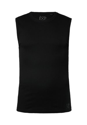Zwarte zonder mouwen top van ribstof. Heeft een ronde halslijn en een klein logo-accent rechtsonder. Eenvoudig, aansluitend ontwerp.