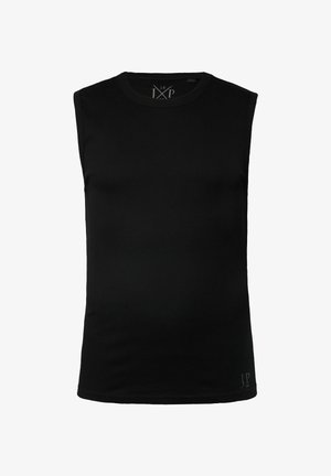 Top senza maniche nero in tessuto a coste. Presenta un colletto rotondo e un piccolo logo in basso a destra. Design semplice e aderente.