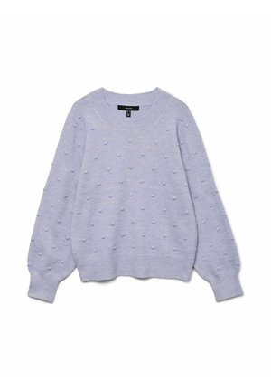 Maglione lilla con scollatura rotonda, maniche lunghe e un motivo testurizzato di puntini in rilievo su tutta la stoffa. Polsini e orlo a coste.