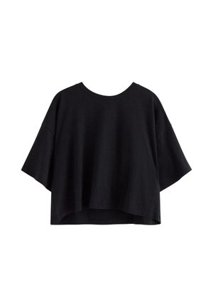 Sort oversized cropped t-shirt med korte, brede ærmer og rund halsudskæring, vist på en hvid baggrund.
