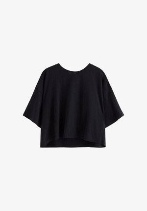 Sort oversized cropped t-shirt med korte, brede ærmer og rund halsudskæring, vist på en hvid baggrund.