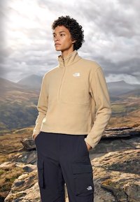 Persoană stând pe teren stâncos, purtând un polar bej cu fermoar până la piept și pantaloni cargo negri, cu cer înnorat și munți în fundal.