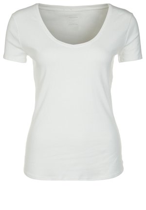 T-shirt blanc à manches courtes avec un décolleté en V prononcé. Réalisé dans un tissu lisse et léger. Couleur unie simple sans motifs ni embellissements.