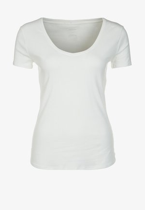 White, short-sleeve t-shirt with a deep V-neck design. Made from a smooth, lightweight fabric. Simple, solid color without patterns or embellishments.