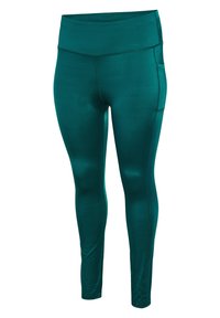 Teal kleurige high-waisted sportlegging met zijzak, gladde stof en aansluitend enkellang ontwerp, geschikt voor oefeningen.