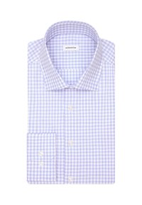 Camicia a quadri blu chiaro e bianco con colletto aperto, polsino a un bottone e tessuto di cotone morbido. Etichetta del marchio visibile all'interno del colletto.