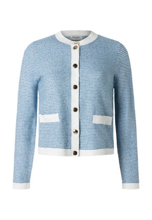 Vaaleansininen ja valkoinen raidallinen neuletakki, jossa on pitkät hihat, valkoinen reunus, etutaskut ja kullanväriset napit keskellä.