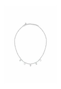 Collana in argento con anelli allungati e cinque pendenti a forma di goccia che pendono dalla catena.