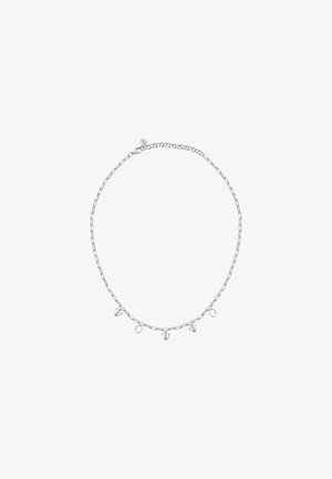 Collana in argento con anelli allungati e cinque pendenti a forma di goccia che pendono dalla catena.