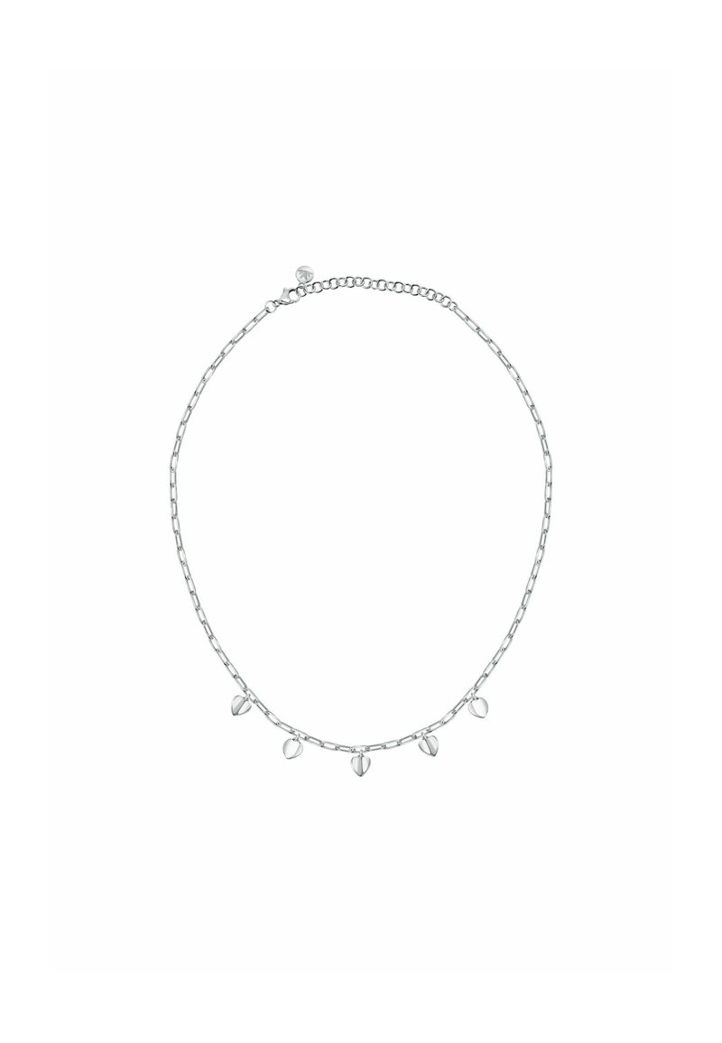 Collana in argento con anelli allungati e cinque pendenti a forma di goccia che pendono dalla catena.